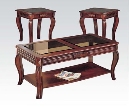 Picture of 3 PC Square Center Glass Top Cherry Coffee End Table Set  06150