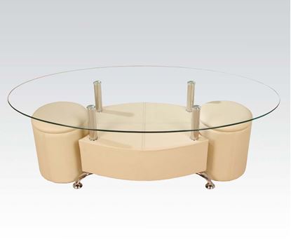 Picture of Glass Top Coffee Table w/2 Ottomans in Cream PU