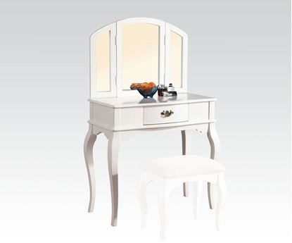 Picture of White Finish Vanity Set and Stool with Tri fold Mirror